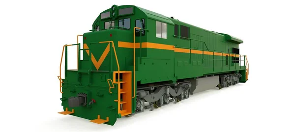 Modern zöld diesel vasúti mozdony, nagy hatalommal és erő a mozgó hosszú és nehéz vasút vonat. 3D-leképezés. — Stock Fotó
