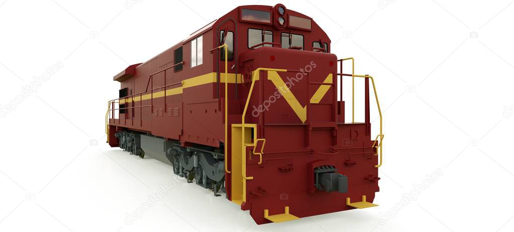 Modern diesel railway locomotive with great power and strength for moving long and heavy railroad train. 3d rendering