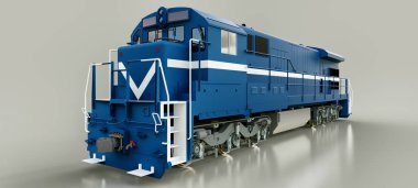 Modern mavi dizel Tren Lokomotif ile büyük güç ve güç uzun ve ağır demiryolu tren hareket etmek için. 3D render