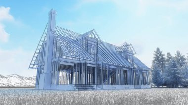 Ahşap bir ev ile bir şömine ve baca beton bir temel üzerine çerçeve. Şekil çizim kalem ve suluboya ile el simüle. 3D render