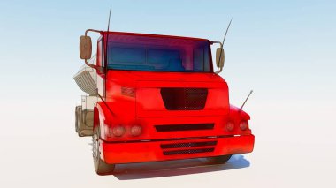 Parlak metal römork ile büyük kırmızı kamyon tanker. Her taraftan kez izlendi. 3D çizim