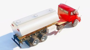 Parlak metal römork ile büyük kırmızı kamyon tanker. Her taraftan kez izlendi. 3D çizim