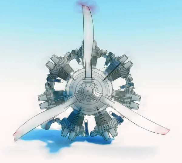 古いプロペラ回転式円形航空機エンジン イラストは手描きとして様式化されました レンダリング — ストック写真