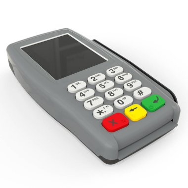 Kartı ödeme terminal. Pos terminal beyaz arka plan üzerinde izole. 3D render