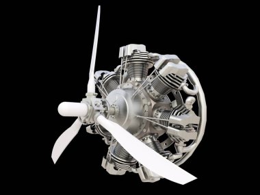 Pervane ve Bıçaklar ile eski dairesel uçak içten yanmalı motor. 3D render