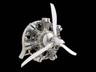 Pervane ve Bıçaklar ile eski dairesel uçak içten yanmalı motor. 3D render