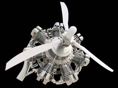 Pervane ve Bıçaklar ile eski dairesel uçak içten yanmalı motor. 3D render