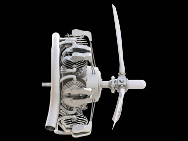Pervane ve Bıçaklar ile eski dairesel uçak içten yanmalı motor. 3D render