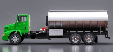 Parlak metal römork ile büyük yeşil kamyon tanker. Her taraftan kez izlendi. 3D çizim