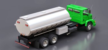 Parlak metal römork ile büyük yeşil kamyon tanker. Her taraftan kez izlendi. 3D çizim