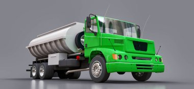 Parlak metal römork ile büyük yeşil kamyon tanker. Her taraftan kez izlendi. 3D çizim
