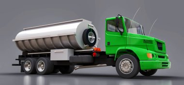 Parlak metal römork ile büyük yeşil kamyon tanker. Her taraftan kez izlendi. 3D çizim