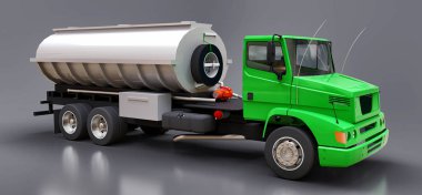 Parlak metal römork ile büyük yeşil kamyon tanker. Her taraftan kez izlendi. 3D çizim