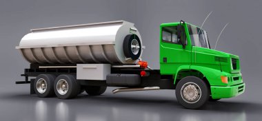 Parlak metal römork ile büyük yeşil kamyon tanker. Her taraftan kez izlendi. 3D çizim