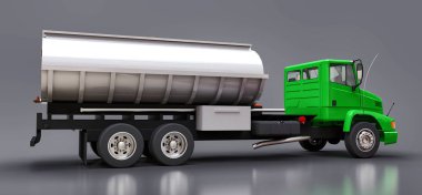 Parlak metal römork ile büyük yeşil kamyon tanker. Her taraftan kez izlendi. 3D çizim