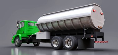Parlak metal römork ile büyük yeşil kamyon tanker. Her taraftan kez izlendi. 3D çizim