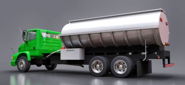 Parlak metal römork ile büyük yeşil kamyon tanker. Her taraftan kez izlendi. 3D çizim