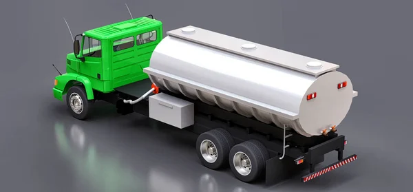 Large green truck tanker with a polished metal trailer. Views from all sides. 3d illustration