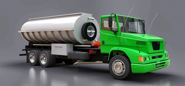 Large Green Truck Tanker Polished Metal Trailer Views All Sides — Stock Photo, Image