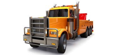 Diğer büyük kamyon veya çeşitli ağır makine taşımak için turuncu kargo çekici. 3D render