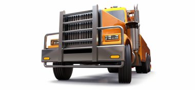 Diğer büyük kamyon veya çeşitli ağır makine taşımak için turuncu kargo çekici. 3D render