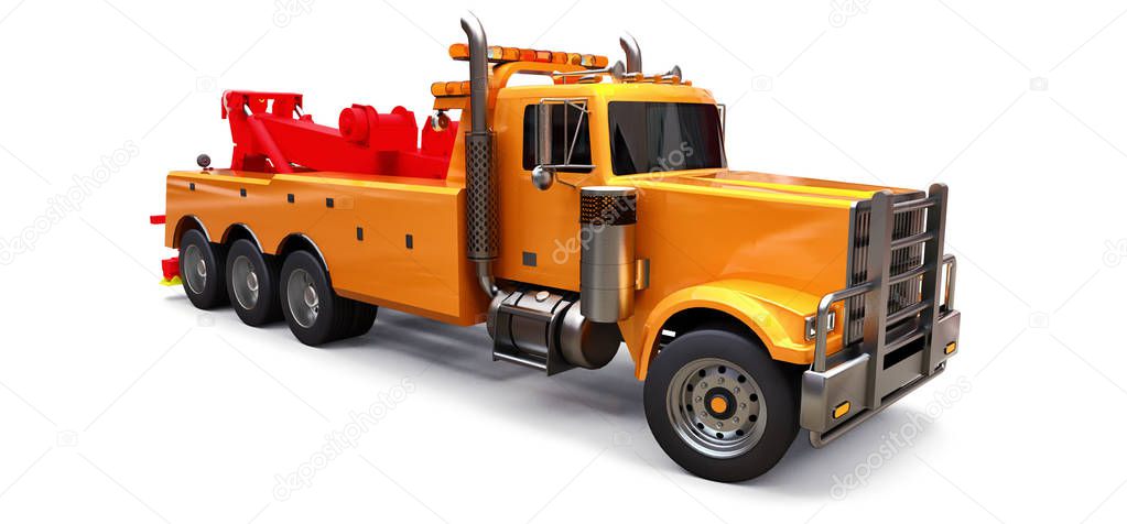 Orange cargo tow truck to transport other big trucks or various heavy machinery. 3d rendering