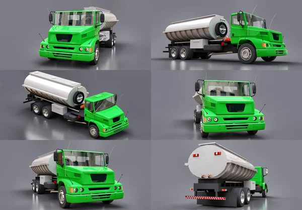 Definir Grande Caminhão Tanque Verde Com Reboque Metal Polido Vistas — Fotografia de Stock