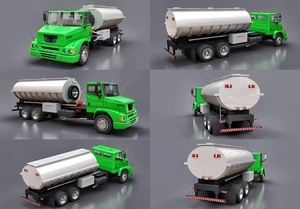 Set large green truck tanker with a polished metal trailer. Views from all sides. 3d illustration
