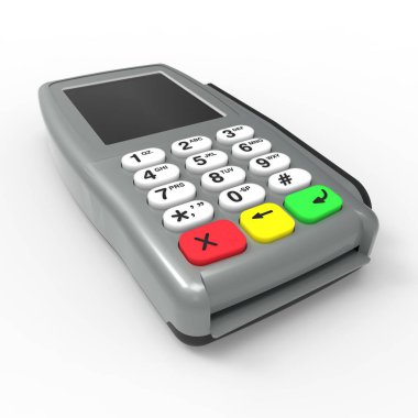 Kartı ödeme terminal. Pos terminal beyaz arka plan üzerinde izole. 3D render