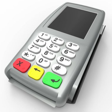 Kartı ödeme terminal. Pos terminal beyaz arka plan üzerinde izole. 3D render