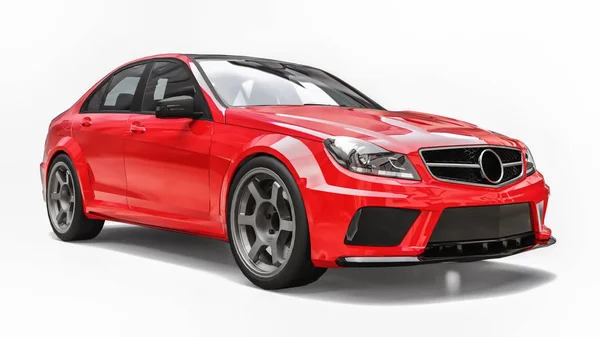 超快跑车的红色金属在白色背景上 体形轿车 调音是一种普通家用轿车的翻版 3D渲染 — 图库照片