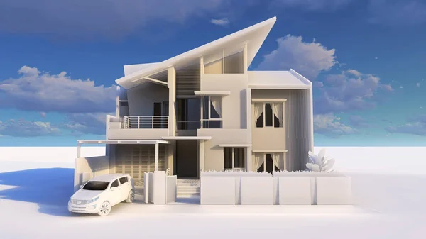 Modernes Haus mit Garage auf weißem Hintergrund. 3D-Darstellung. — Stockfoto