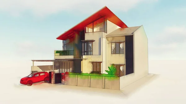 Moderní dům s garáží na bílém pozadí. 3D vykreslování. — Stock fotografie