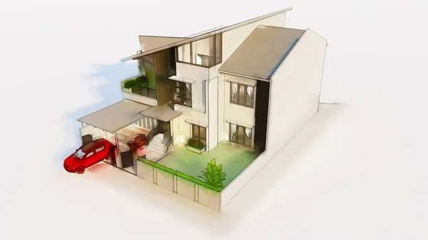 Maison moderne avec garage sur fond blanc. Rendu 3d . — Photo