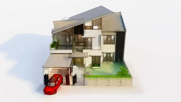 Maison moderne avec garage sur fond blanc. Rendu 3d . — Photo