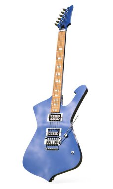 Beyaz zemin üzerine mavi şık elektro gitar. 3D render.