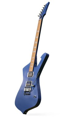 Beyaz zemin üzerine mavi şık elektro gitar. 3D render.