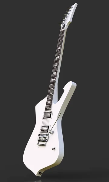 Weiße, stilvolle E-Gitarre auf schwarzem Hintergrund. 3D-Darstellung. — Stockfoto