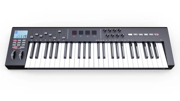 Black Synthesizer Midi Keyboard White Background Synth Keys Close Rendering — Stock Photo, Image