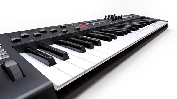 Beyaz arka planda siyah synthesizer MIDI klavye. Synth anahtarları yakın çekim. 3D render. — Stok fotoğraf