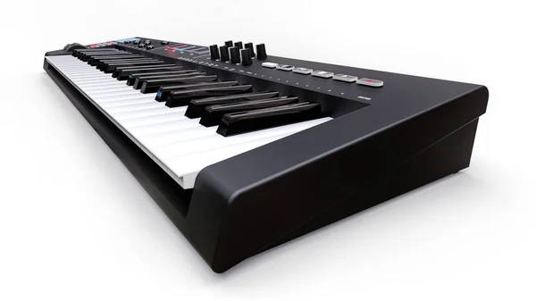 Svart syntet Midi keyboard på vit bakgrund. Synth nycklar närbild. 3D-rendering. — Stockfoto