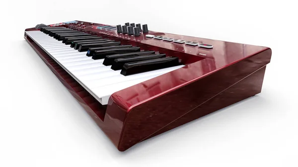 Red Synthesizer Midi Keyboard White Background Synth Keys Close Rendering — Stock Photo, Image