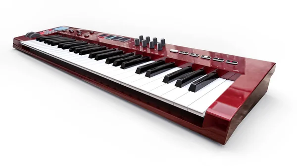 Red synthesizer MIDI keyboard on white background. Synth keys close-up. 3d rendering