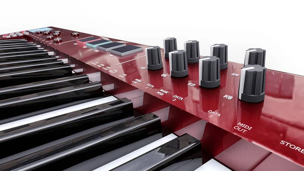 Красный Синтезатор Midi Клавиатуры Белом Фоне Ключи Синтов Крупным Планом — стоковое фото