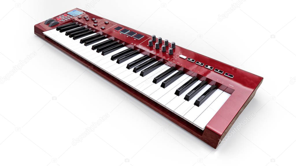 Red synthesizer MIDI keyboard on white background. Synth keys close-up. 3d rendering