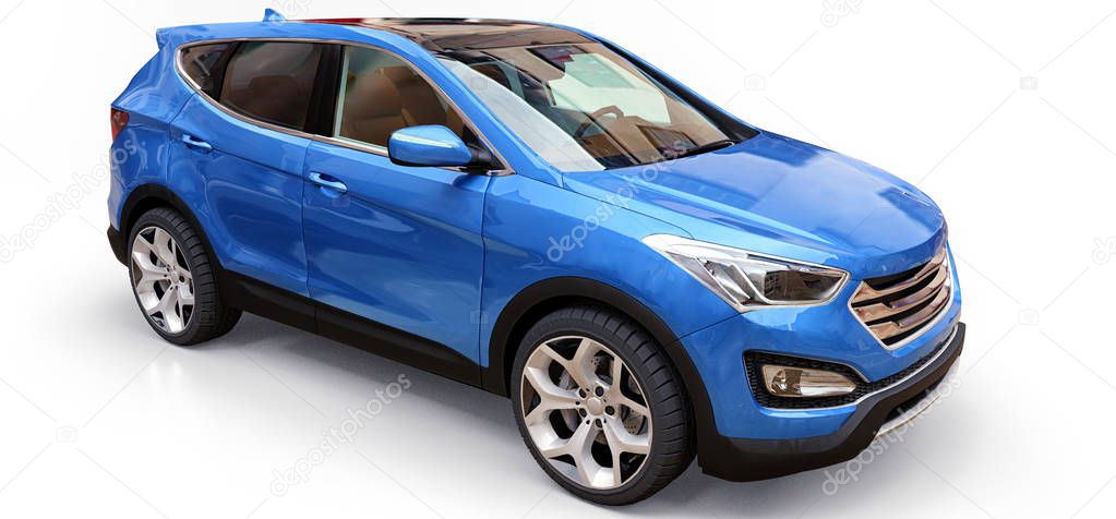 Compact city crossover blue color on a white background. 3d rendering