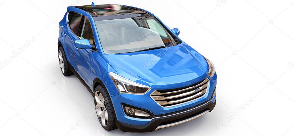 Compact city crossover blue color on a white background. 3d rendering
