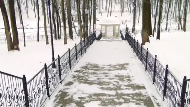 Der Abstieg der schneebedeckten Wintertreppe im Stadtpark, der Zugang zum Pavillon auf dem Teich. — Stockvideo