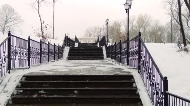 Climbing the snow-covered winter stairs in the city Park. — Stock Video