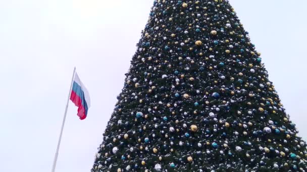 Decoraciones navideñas y entretenimiento. Árbol de Navidad y la bandera de Rusia contra el cielo . — Vídeos de Stock